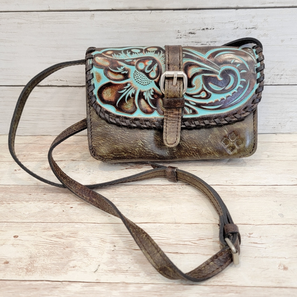 Patricia Nash Brown and Blue Floral Leather Crossbody Bag